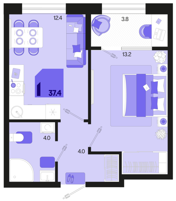 1-комнатная квартира №396 37,4 м2 от застройщика ГК ТОЧНО