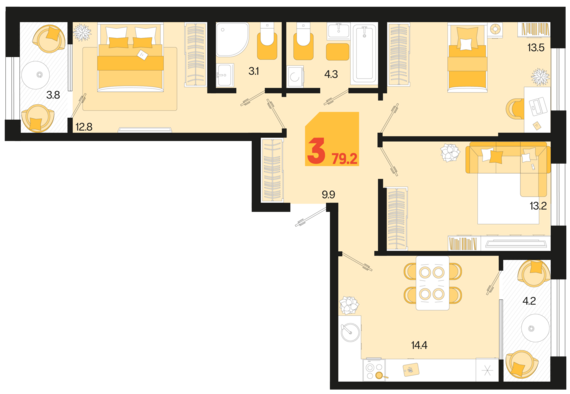 3-комнатная квартира №397 79,2 м2 от застройщика ГК ТОЧНО