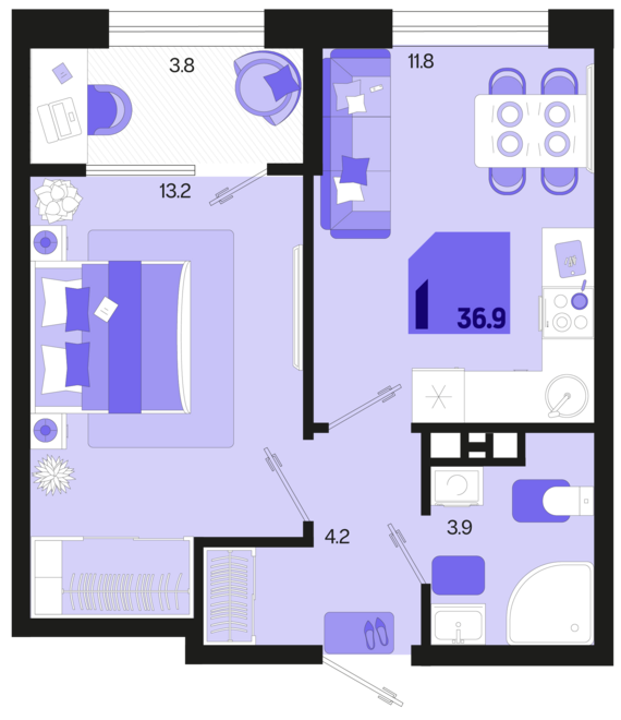 1-комнатная квартира №419 36,9 м2 от застройщика ГК ТОЧНО