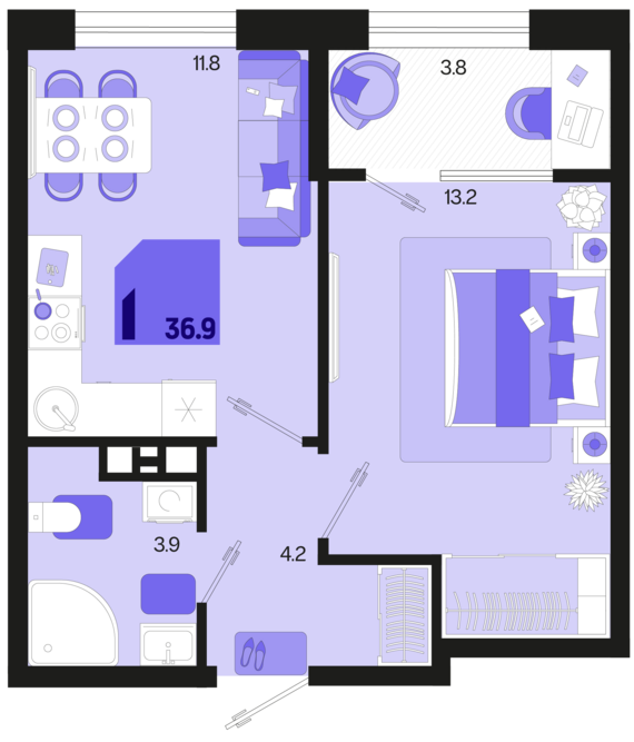 1-комнатная квартира №431 36,9 м2 от застройщика ГК ТОЧНО