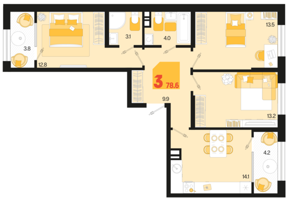 3-комнатная квартира №427 78,6 м2 от застройщика ГК ТОЧНО