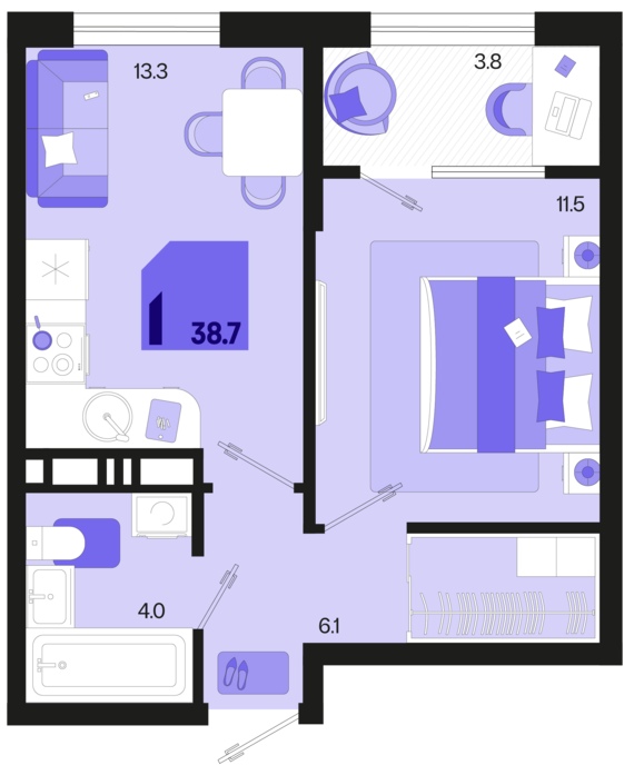 1-комнатная квартира №301 38,7 м2 от застройщика ГК ТОЧНО