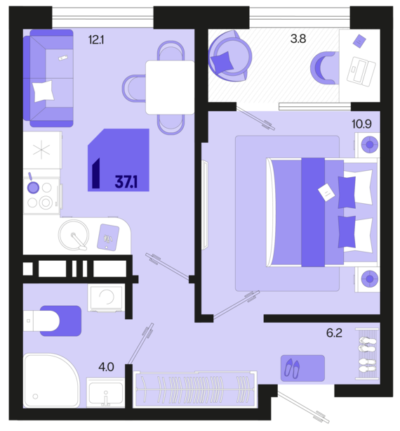 1-комнатная квартира №279 37,1 м2 от застройщика ГК ТОЧНО