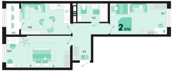 2-комнатная квартира №299 67,8 м2 от застройщика ГК ТОЧНО