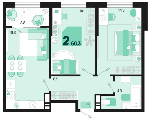 2-комнатная квартира №324 60,3 м2 от застройщика ГК ТОЧНО