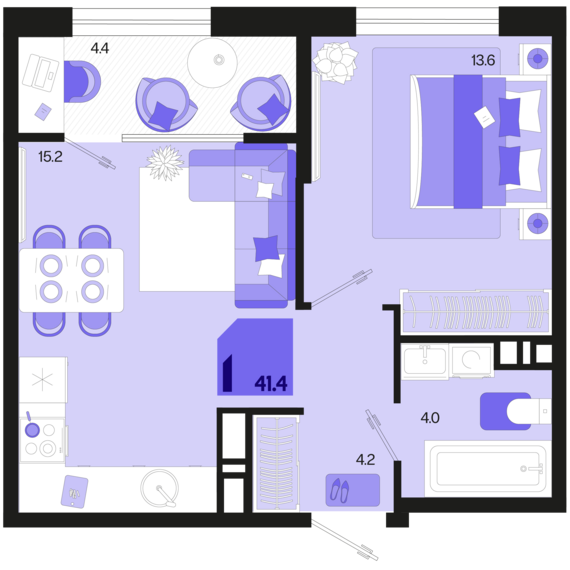 1-комнатная квартира №335 41,4 м2 от застройщика ГК ТОЧНО