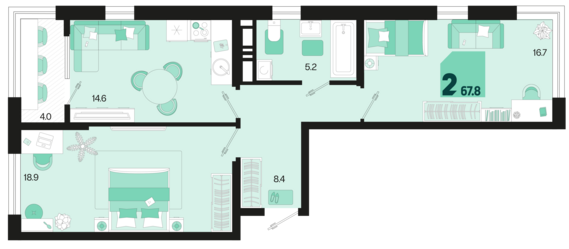 2-комнатная квартира №337 67,8 м2 от застройщика ГК ТОЧНО