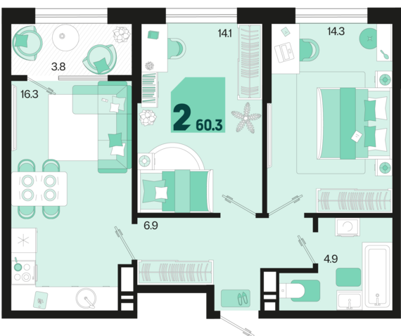 2-комнатная квартира №338 60,3 м2 от застройщика ГК ТОЧНО