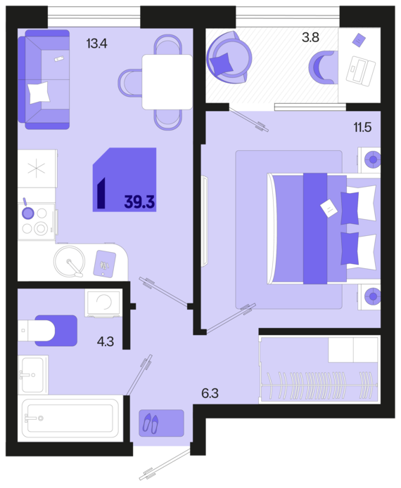 1-комнатная квартира №205 39,3 м2 от застройщика ГК ТОЧНО