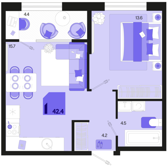 1-комнатная квартира №209 42,4 м2 от застройщика ГК ТОЧНО