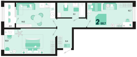 2-комнатная квартира №211 68,7 м2 от застройщика ГК ТОЧНО