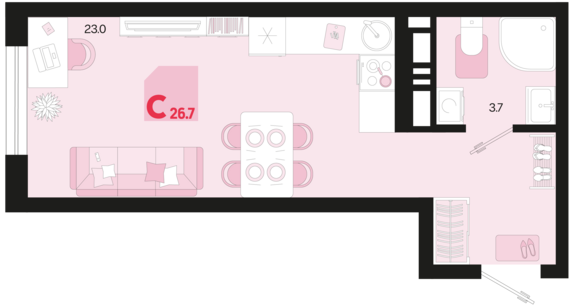 Студия №214 26,7 м2 от застройщика ГК ТОЧНО