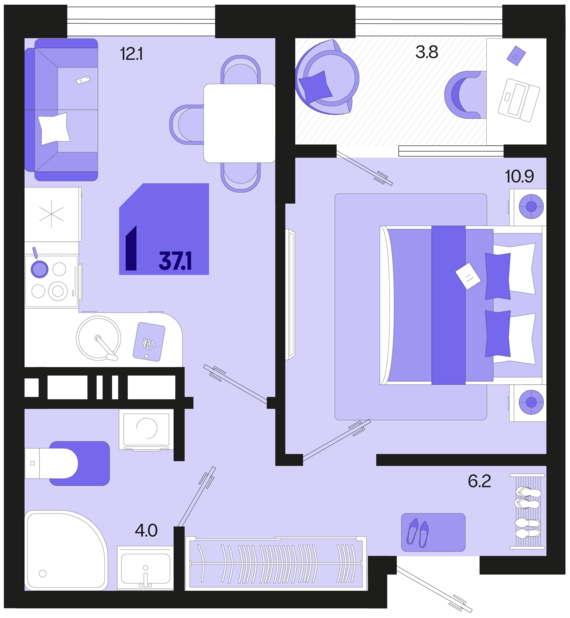 1-комнатная квартира №255 37,1 м2 от застройщика ГК ТОЧНО