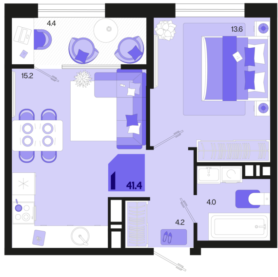 1-комнатная квартира №265 41,4 м2 от застройщика ГК ТОЧНО