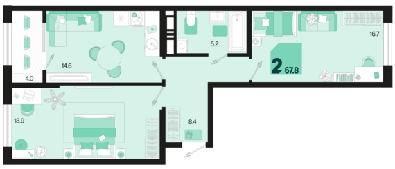 2-комнатная квартира №243 67,8 м2 от застройщика ГК ТОЧНО