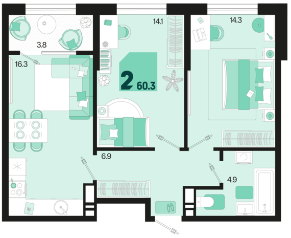 2-комнатная квартира №244 60,3 м2 от застройщика ГК ТОЧНО