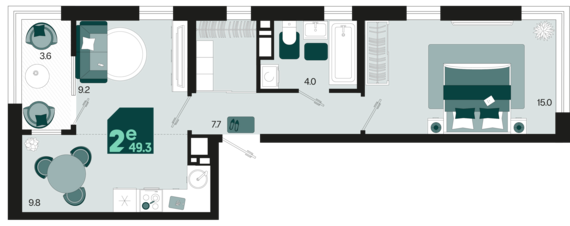 евро 2 к.кв. №527 49,3 м2 от застройщика ГК ТОЧНО