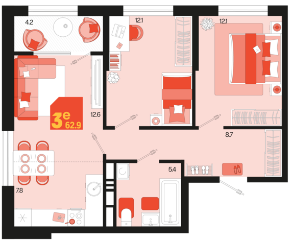 евро 3 к.кв. №565 62,9 м2 от застройщика ГК ТОЧНО