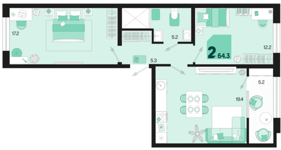 2-комнатная квартира №478 64,3 м2 от застройщика ГК ТОЧНО