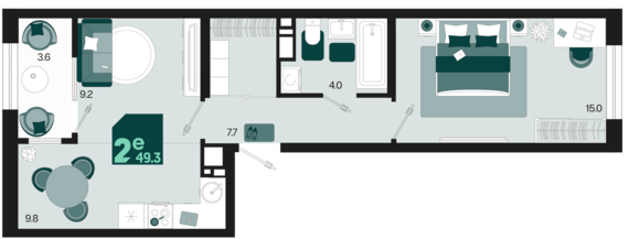 евро 2 к.кв. №515 49,3 м2 от застройщика ГК ТОЧНО