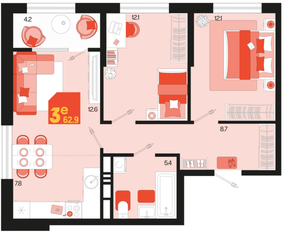 евро 3 к.кв. №499 62,9 м2 от застройщика ГК ТОЧНО