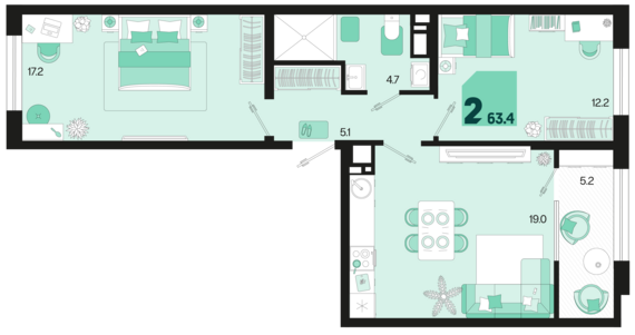 2-комнатная квартира №490 63,4 м2 от застройщика ГК ТОЧНО