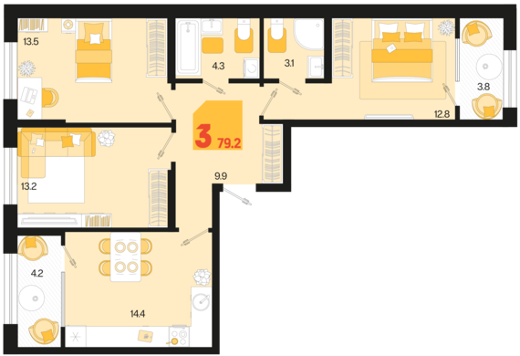 3-комнатная квартира №433 79,2 м2 от застройщика ГК ТОЧНО