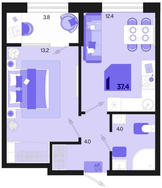 1-комнатная квартира №434 37,4 м2 от застройщика ГК ТОЧНО