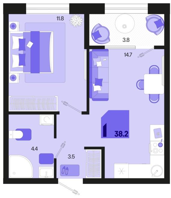 1-комнатная квартира №435 38,2 м2 от застройщика ГК ТОЧНО