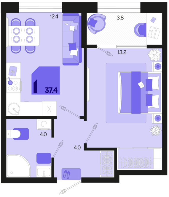 1-комнатная квартира №436 37,4 м2 от застройщика ГК ТОЧНО