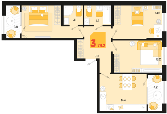 3-комнатная квартира №437 79,2 м2 от застройщика ГК ТОЧНО