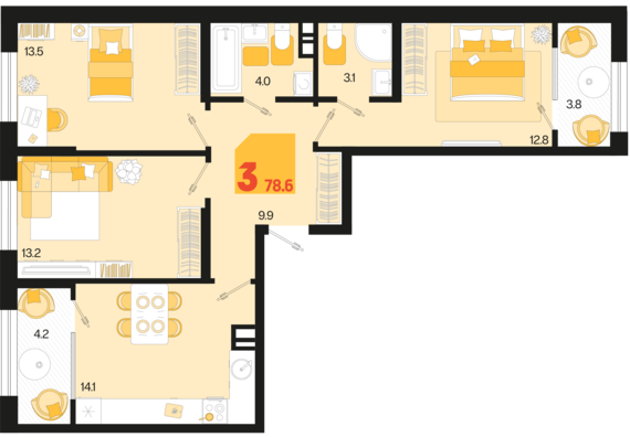 3-комнатная квартира №453 78,6 м2 от застройщика ГК ТОЧНО