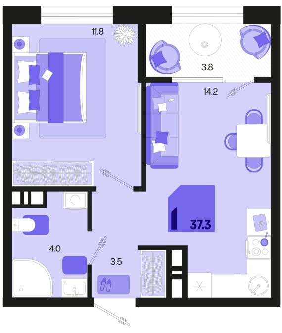 1-комнатная квартира №455 37,3 м2 от застройщика ГК ТОЧНО