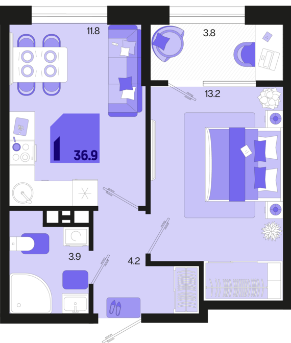 1-комнатная квартира №461 36,9 м2 от застройщика ГК ТОЧНО
