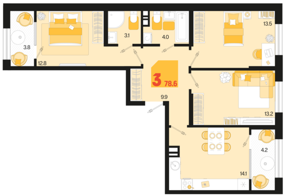 3-комнатная квартира №467 78,6 м2 от застройщика ГК ТОЧНО