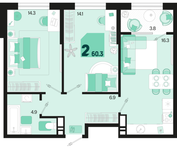 2-комнатная квартира №183 60,3 м2 от застройщика ГК ТОЧНО