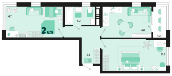 2-комнатная квартира №192 67,8 м2 от застройщика ГК ТОЧНО