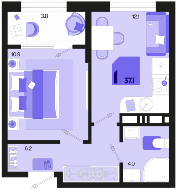 1-комнатная квартира №164 37,1 м2 от застройщика ГК ТОЧНО