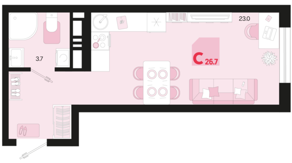 Студия №165 26,7 м2 от застройщика ГК ТОЧНО