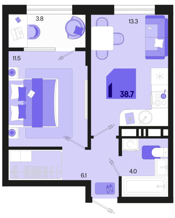 1-комнатная квартира №158 38,7 м2 от застройщика ГК ТОЧНО