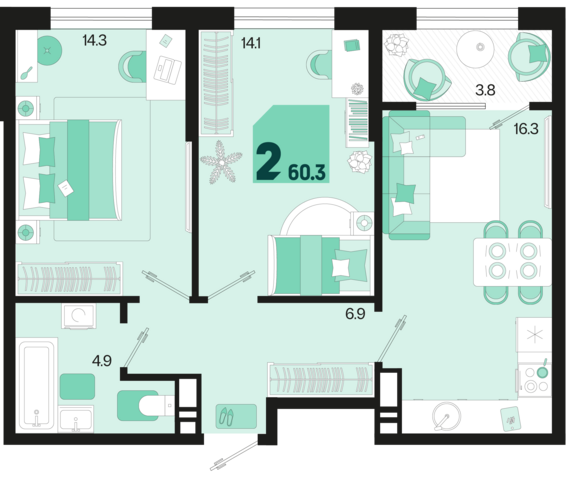 2-комнатная квартира №199 60,3 м2 от застройщика ГК ТОЧНО