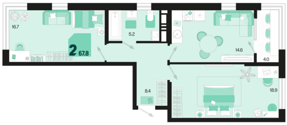 2-комнатная квартира №200 67,8 м2 от застройщика ГК ТОЧНО