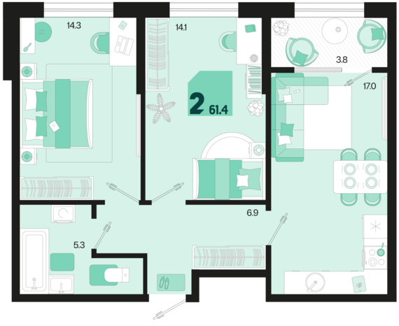 2-комнатная квартира №71 61,4 м2 от застройщика ГК ТОЧНО