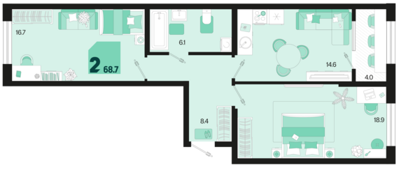 2-комнатная квартира №72 68,7 м2 от застройщика ГК ТОЧНО
