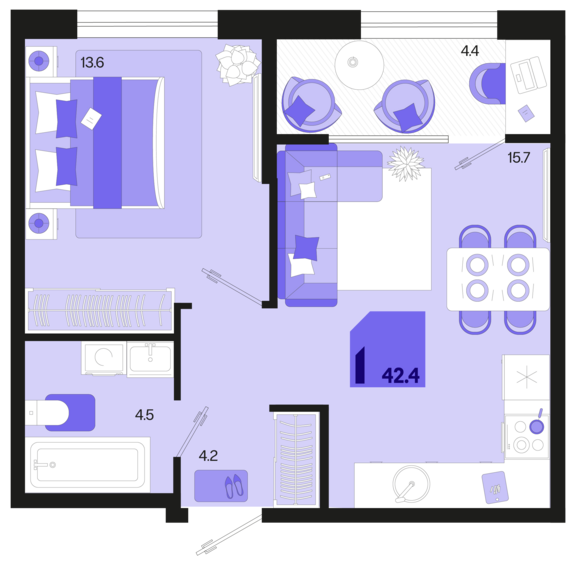 1-комнатная квартира №74 42,4 м2 от застройщика ГК ТОЧНО