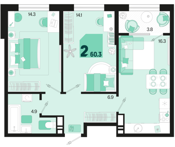 2-комнатная квартира №127 60,3 м2 от застройщика ГК ТОЧНО
