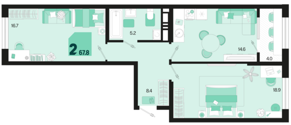2-комнатная квартира №136 67,8 м2 от застройщика ГК ТОЧНО