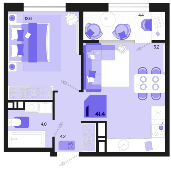 1-комнатная квартира №130 41,4 м2 от застройщика ГК ТОЧНО