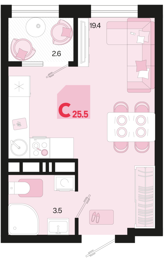 Студия №107 25,5 м2 от застройщика ГК ТОЧНО