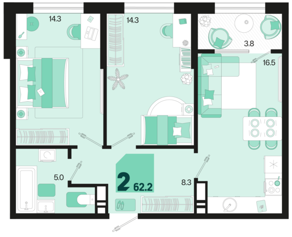 2-комнатная квартира №716 62,2 м2 от застройщика ГК ТОЧНО